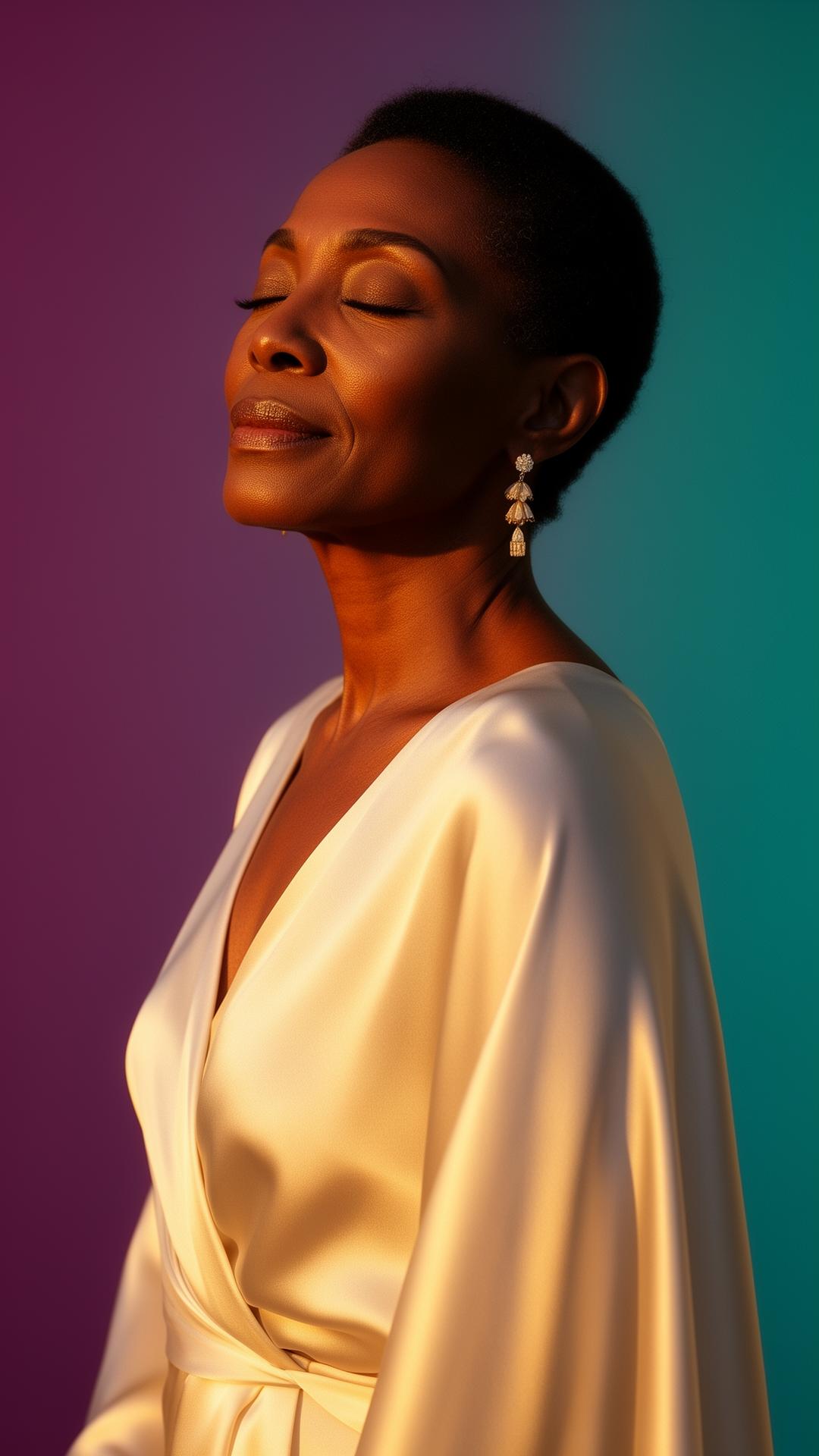 A woman in flowing ivory silk, eyes closed in serene contemplation